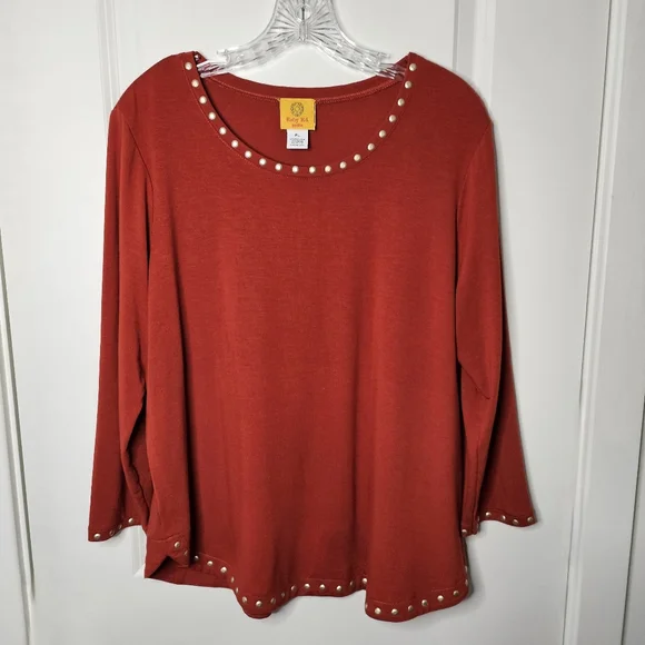 Ruby Rd Petite Studded Trim Blouse Rust Red Swing Top Large Petite Casual - Picture 2 of 11